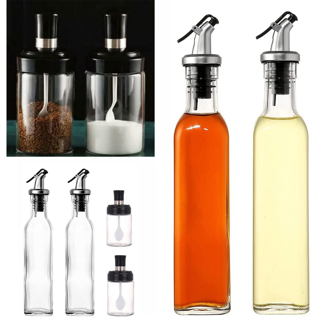 Sticle si Borcane de Ulei de Masline, Vafy, Dozator Set 4 Bucati, 2 Sticle cu Dispenser 500 ml/buc, 2 Borcane pentru Condimente cu Capac si Lingura 120ml/buc, Transparent