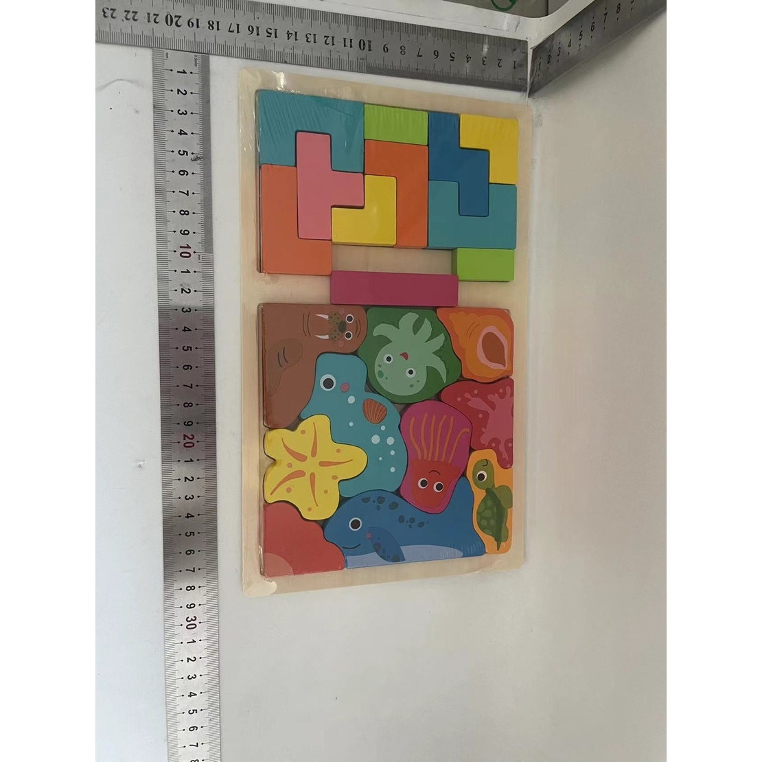 Puzzle Montessori din Lemn pentru Copii, Flippy, Tip Tetris 2in1 +3 Ani, cu Animale Marine Colorate 3D, Educativ, Intuitiv, Creativ, 21 de Piese, 28.5x17x1.2 cm, Multicolor