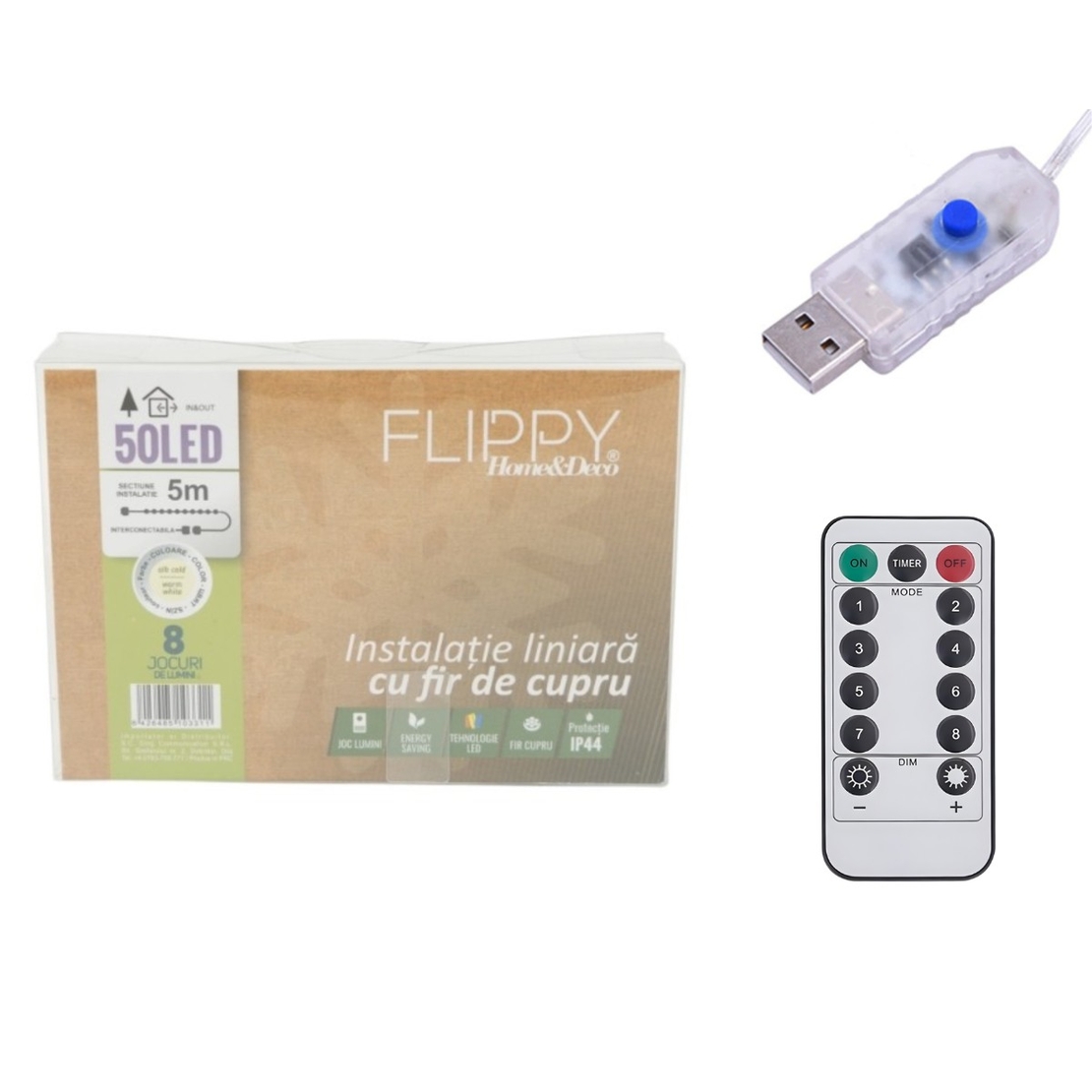 Instalatie de Craciun Liniara, Vafy®, Tip Liniara, Fir Cupru, 8 Jocuri de Lumini, cu Telecomanda, 5 m, 50 Led-uri, Alimentare USB, 4.5V, Alb Cald
