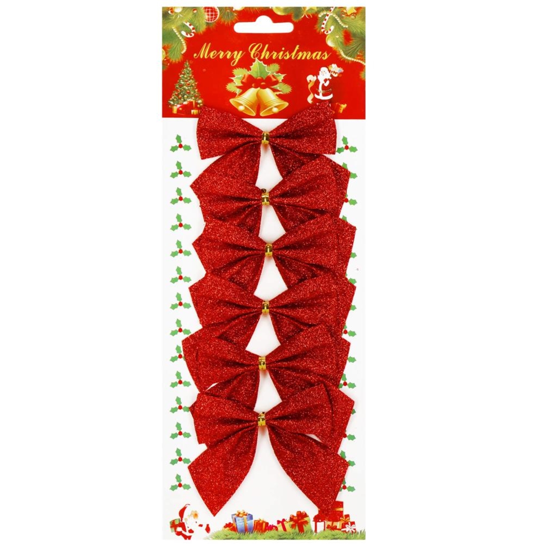 Set 6 ornamente pentru bradul de Craciun, fundita, 8cm, rosu cu sclipici