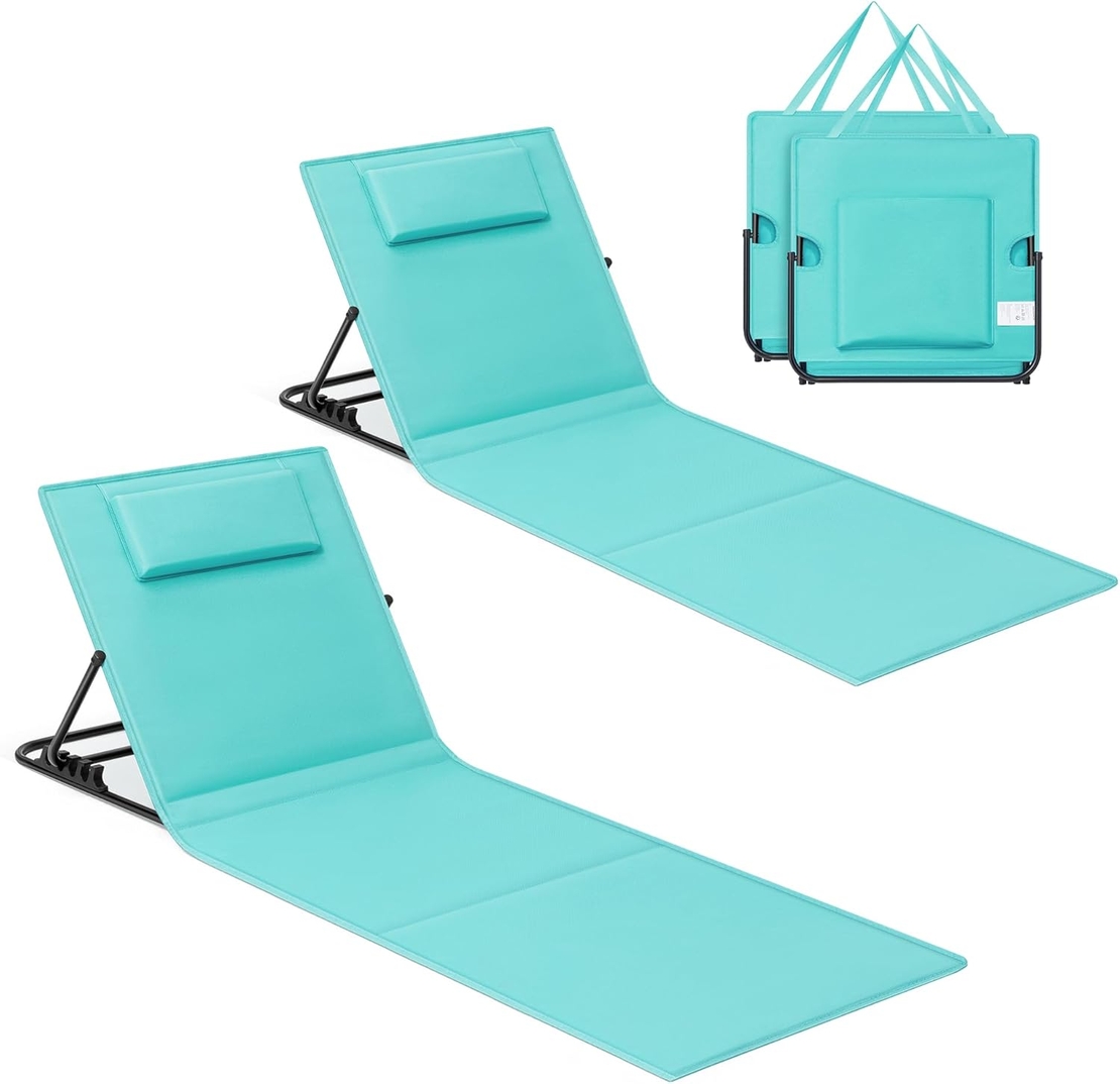 SONGMICS Set 2 sezlonguri plaja pliabile, spatar reglabil in 4 pozitii, tetiera, buzunar depozitare, 158x55 cm, albastru turqoise