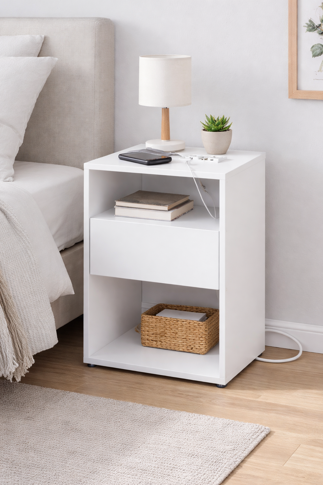 VASAGLE Noptiera cu sertar si statie de incarcare, 2 prize, 2 porturi USB, 45x35x58 cm, alb