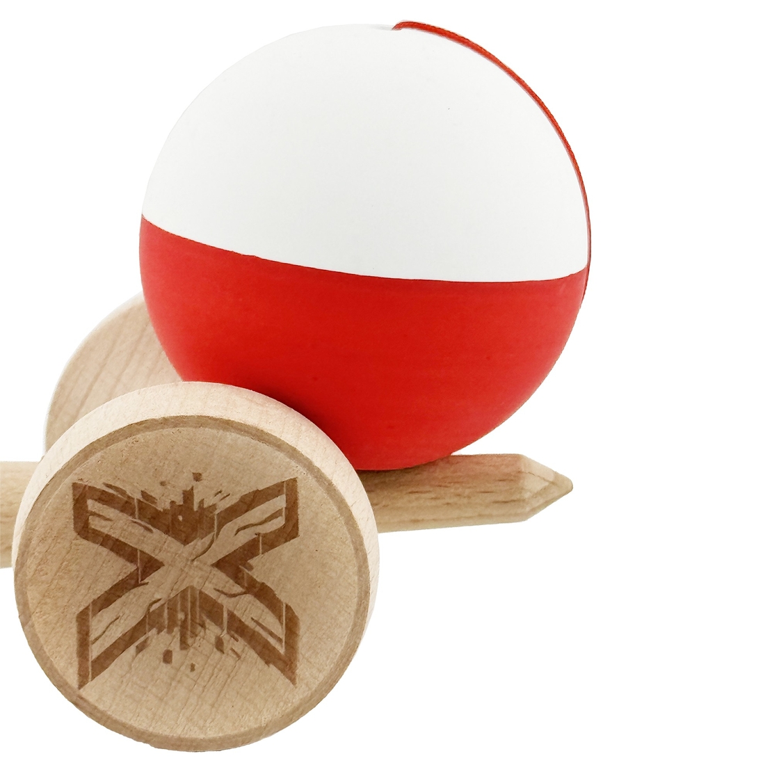 Kendama X Originala, Profesionala, Flippy, Rubber Grip, Cupe Mari KING SIZE V3, Gaura in Baza, Rulment Metalic, din lemn 18 cm, Ata 62/65 cm, Bicolor Alb/Rosu