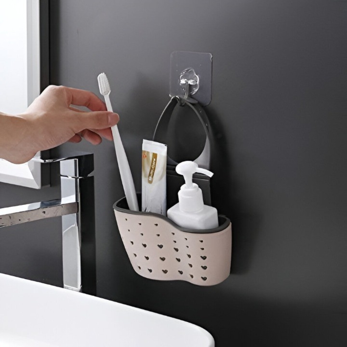 Suport Scurgere pentru Burete si Laveta de Vase Bucatarie, Flippy, Roz, Curea Reglabila, Plastic Flexibil, 15x 5x 21cm