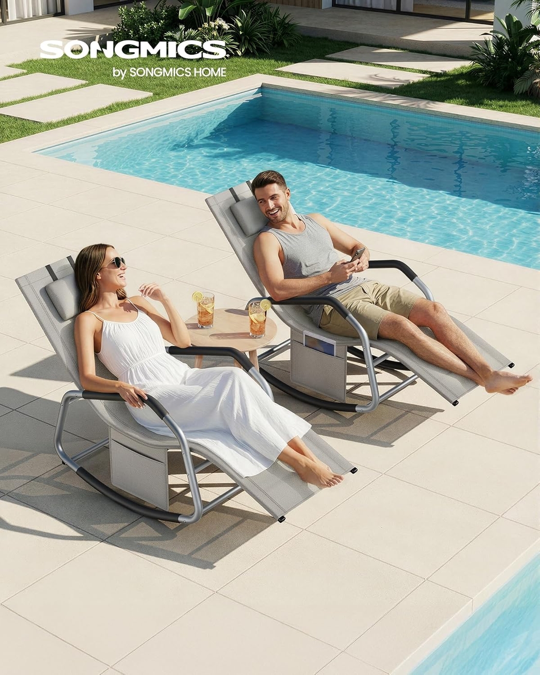 SONGMICS Sezlong balansoar gradina, cu tetiera reglabila si buzunar lateral, cadru otel, maxim 150 kg, 151x56x97 cm, gri