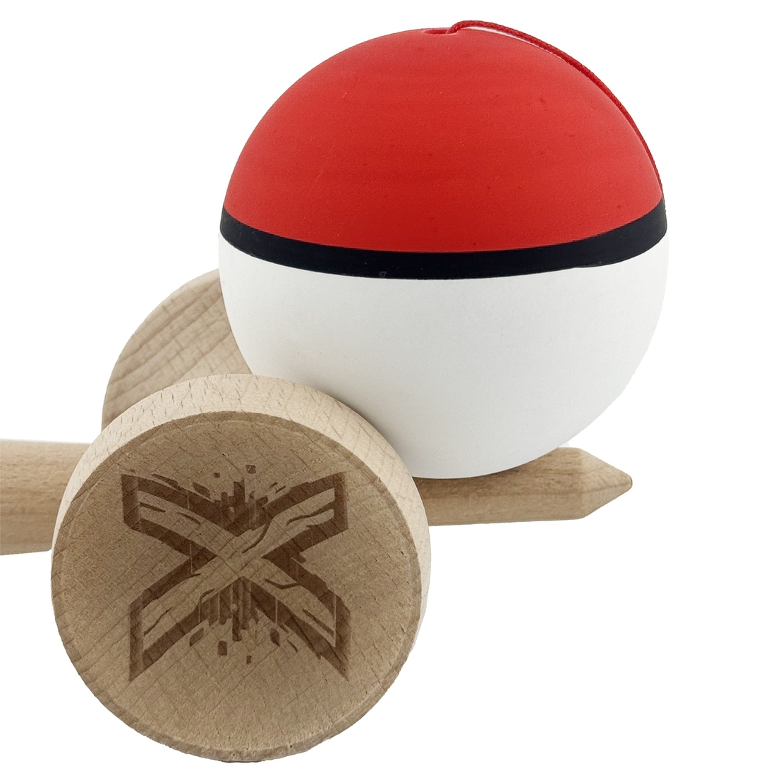 Kendama X Originala, Profesionala, Flippy, Cupe Mari KING SIZE V3, Rubber Grip, Gaura in Baza, Rulment Metalic, din lemn 18 cm, Ata 62/65 cm, S Bicolor Rosu/Alb