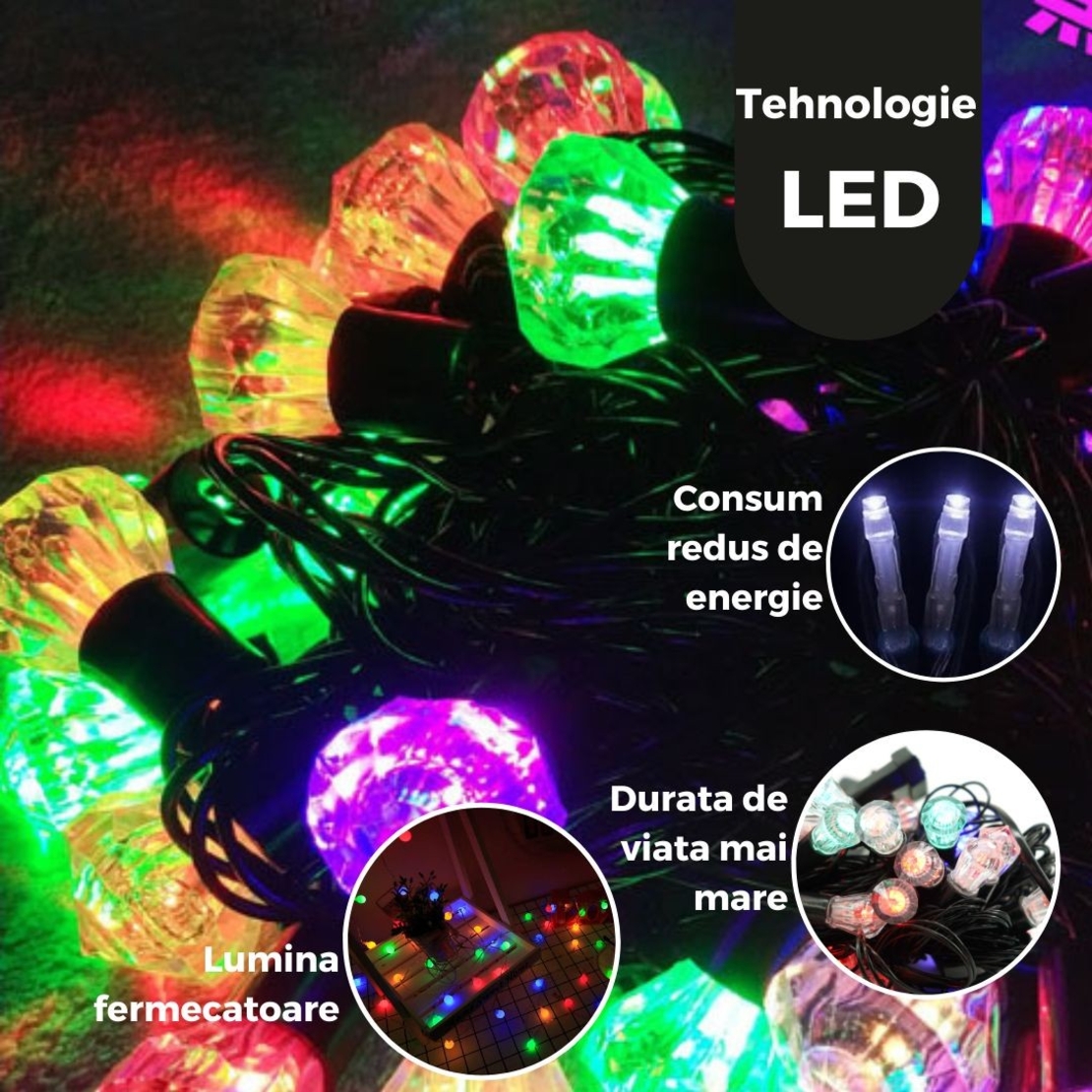 Instalatie de Craciun Liniara RGRB Yoto, 10 m, din care 1 m Prelungitor 220V, 40 LED, Model Diamante, Utilizare Interior/Exterior, Interconectabila, Fir Negru, multicolor