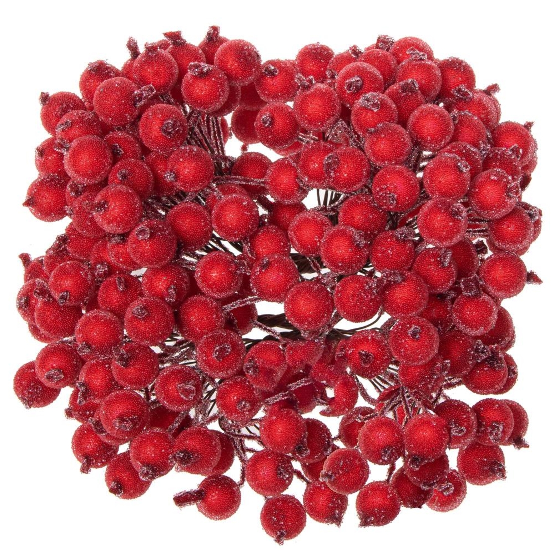 Set decorativ ramuri cu merisoare rosii artificiale inghetate, 15 cm, 200 boabe, rosu
