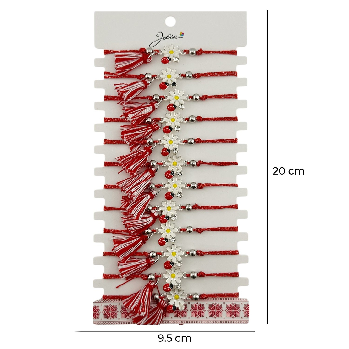 Martisor Bratara cu Ciucure pentru Dama, Jolie, Model Margareta cu Buburuza, Set 12 bucati, Pandativ din Inox, Snur Reglabil, Rosu/Alb