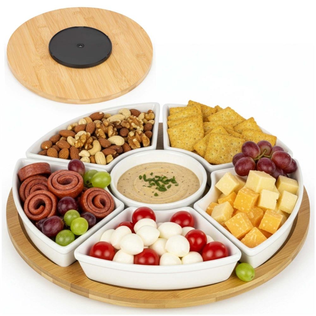 Set servire rotativ cu platou din bambus si 6 boluri din portelan, 30 cm, maro natur si alb