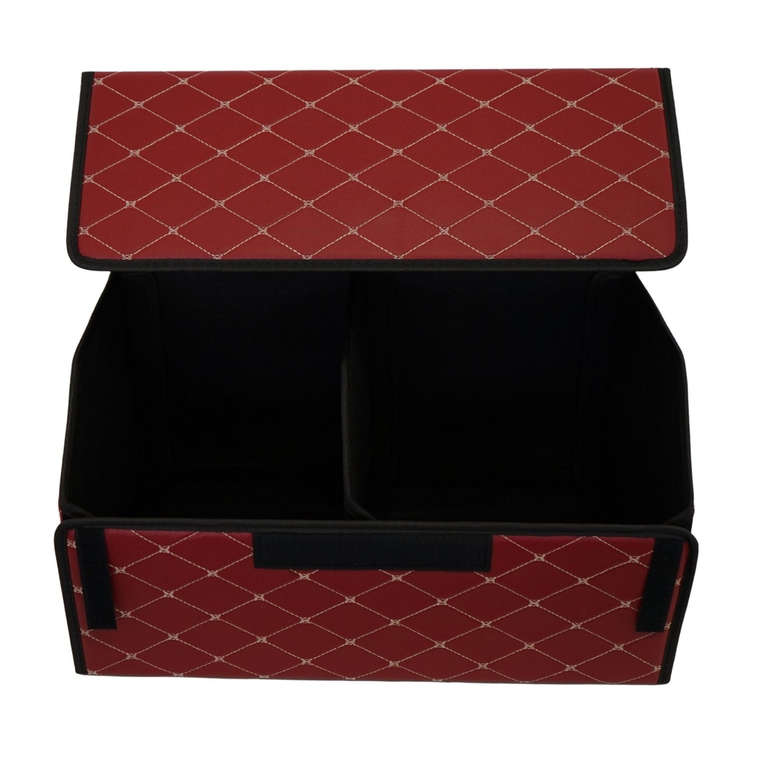 Cutie de Depozitare Auto, Flippy, Organizator Premium Portbagaj, Geanta Multifunctionala din Piele Ecologica, 2 Compartimente Depozitare, Rezistent la Uzura si Pliabil, Bordo, 55 x 30 x 30cm