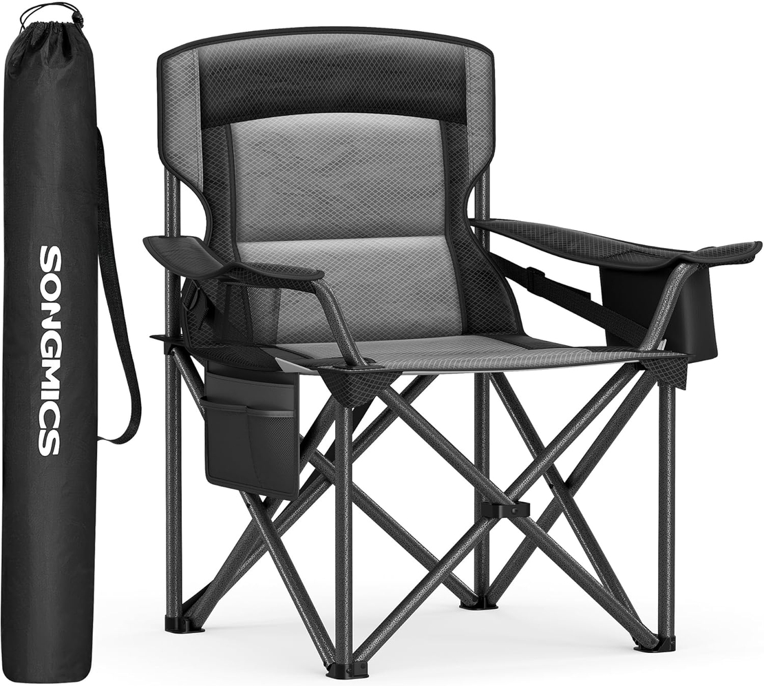 SONGMICS Scaun pliabil camping premium cu spatar inalt si sezut buretat, suport bauturi si buzunar termo, 200 kg, 63x95x100 cm, negru