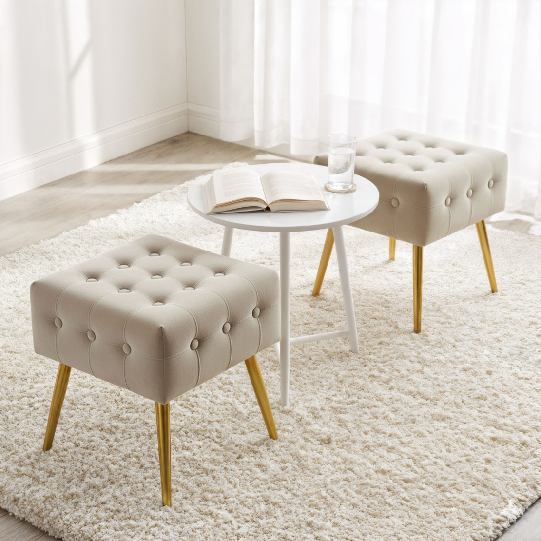 Taburet tapitat Quadra, velur, cu picioare metalice, 40x40x42 cm, bej