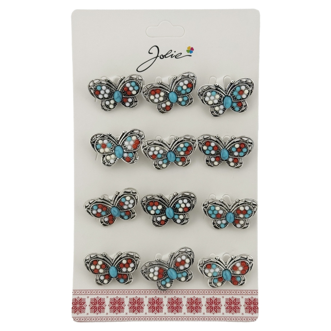 Brose Martisor Primavara, Jolie, Set 12 Bucati, Model Fluture cu Pietre, Brosa din Metal, 3 x 2 cm per Bucata, Argintiu