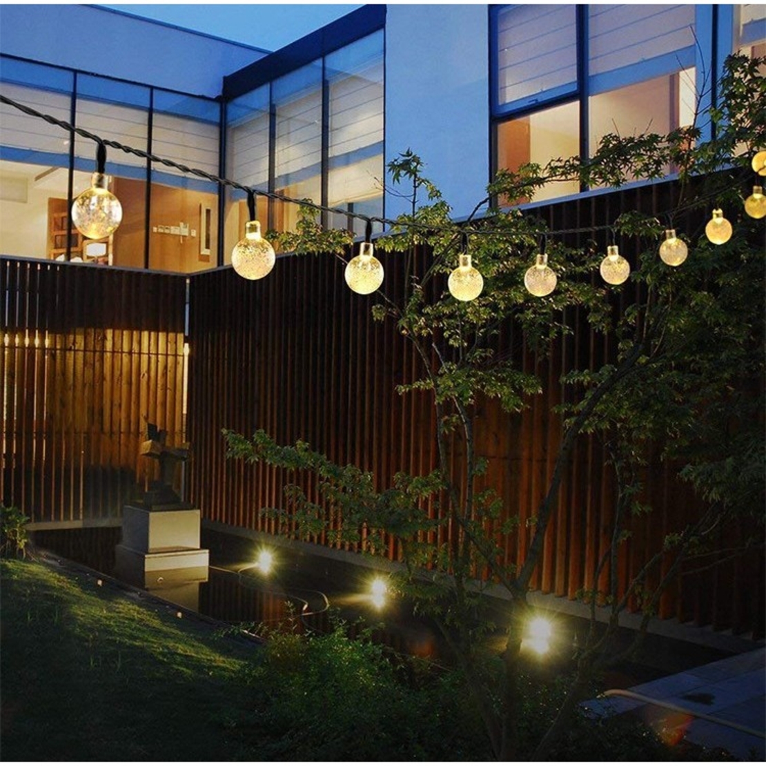 Instalatie Craciun, Tip Globuri de cristal, 200 Led-uri, 22 metri, Alb cald, Energie solara, Senzor de lumina, Vafy