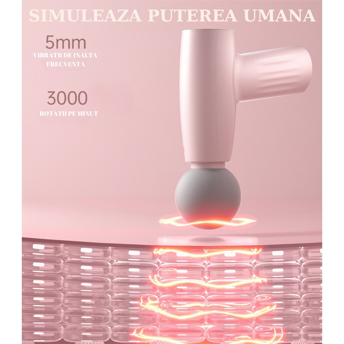 Mini Aparat de Masaj, Vafy, Tip Pistol, Incarcare USB Tip C, Portabil, Pentru Relaxare Musculara, Autonomie 120 Min, 3 Trepte de Viteza, Roz