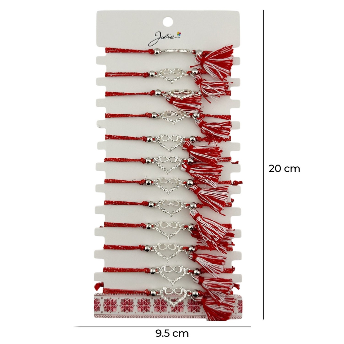 Martisor Bratara cu Ciucure pentru Dama, Jolie, Model Inima Infinit, Set 12 bucati, Pandativ din Inox cu Pietre, Snur Reglabil, Rosu/Alb