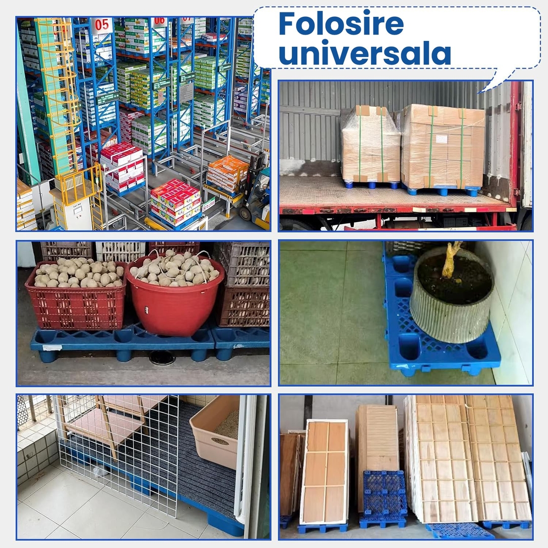 Palet de Transport, Flippy, 60 x 40 x 10 cm, din Plastic durabil, Palet pentru Stivuitor in Depozit, Rezistent la Umiditate, Grila Ingrosata, 5 Picioare, Albastru
