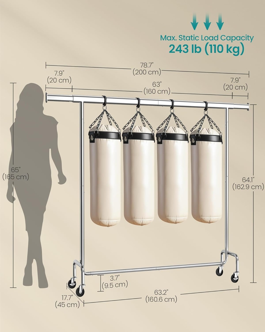 SONGMICS Suport haine cu roti, bara extensibila pentru umerase, structura metalica sarcina mare, 45x160-200x163 cm, argintiu