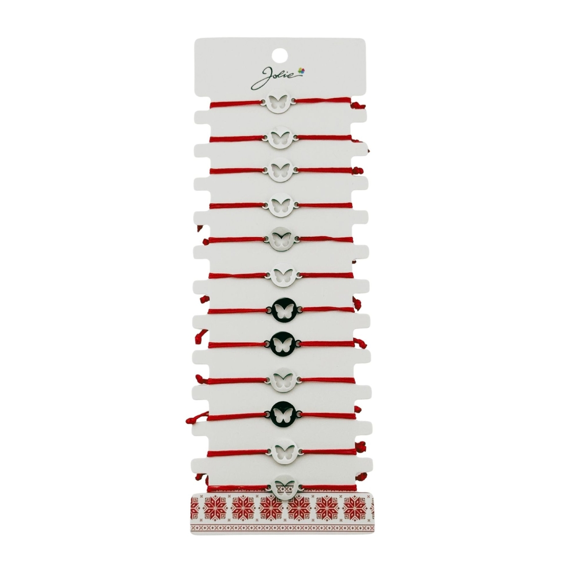 Bratara Martisor pentru Dama, Jolie, Model Fluture in Cerc, Set 12 bucati, Pandativ Argintiu din Inox cu Snur Rosu Ajustabil