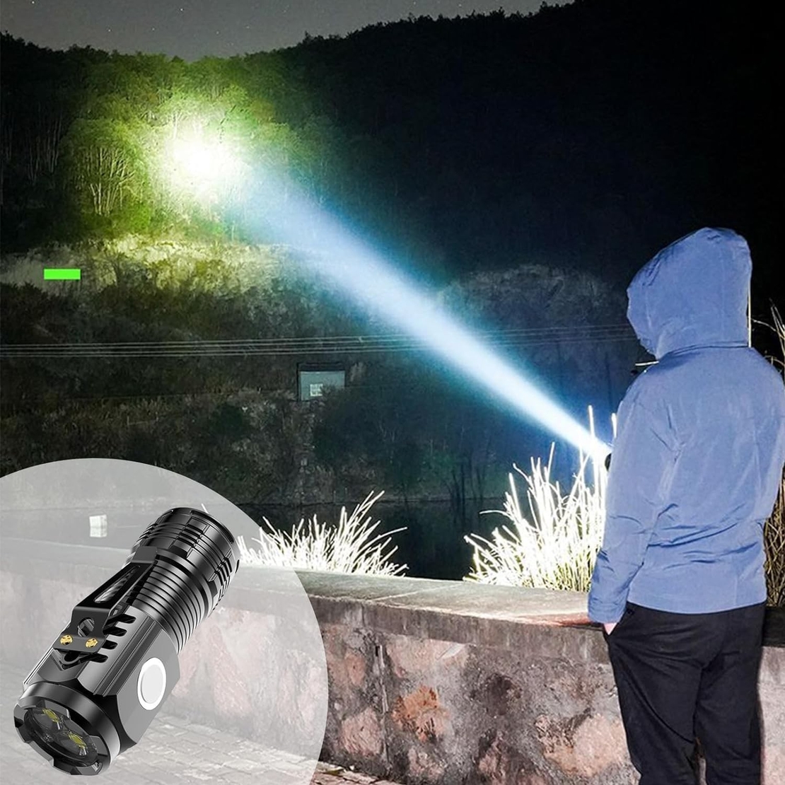 Lanterna cu 3 Nuclee Led, Vafy, Incarcare USB, Autonomie 4-20h, Raza Maxima 100-200 m, 5W, 4 x 4 x 9 cm, Suport de Agatat, Fund Magnetic, Negru