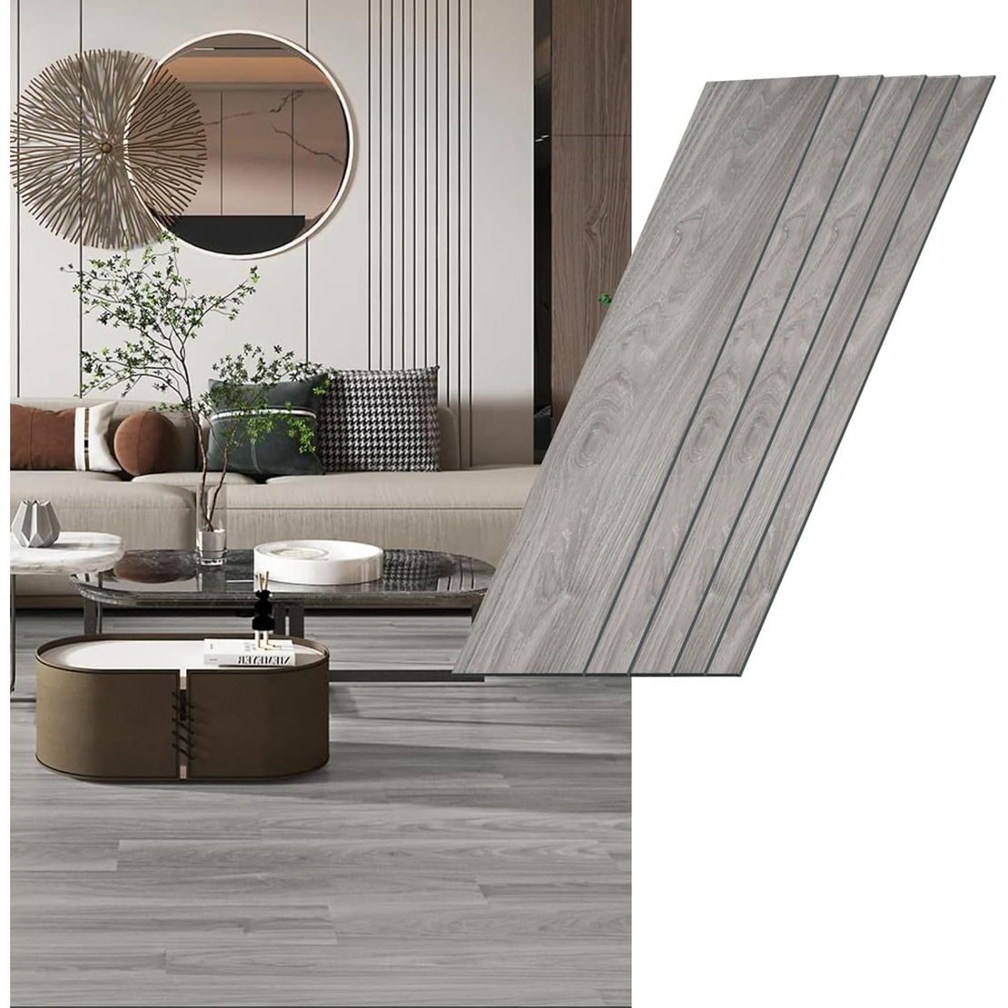 Set 36 Placi Autoadezive pentru Pardoseala, Vafy, din PVC, Impermeabil, Ignifug, Usor de Curatat, Dimensiune Placa 91.44 x 15.24 cm, Grosime 1.5 mm, Acoperire 5 m2, Model 1, Gri