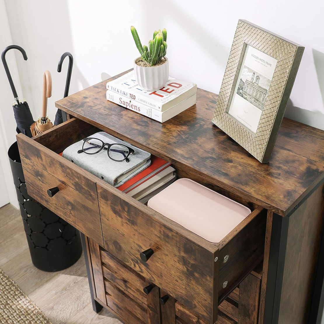 VASAGLE Comoda depozitare cu 2 sertare si polite, usi tip jaluzea, stil industrial, 30x70x80 cm, maro rustic