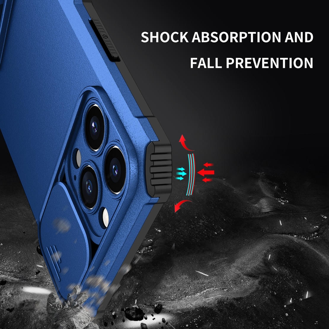 Husa Defender cu Stand pentru iPhone 13, Albastru, Suport reglabil, Antisoc, Protectie glisanta pentru camera, Vafy