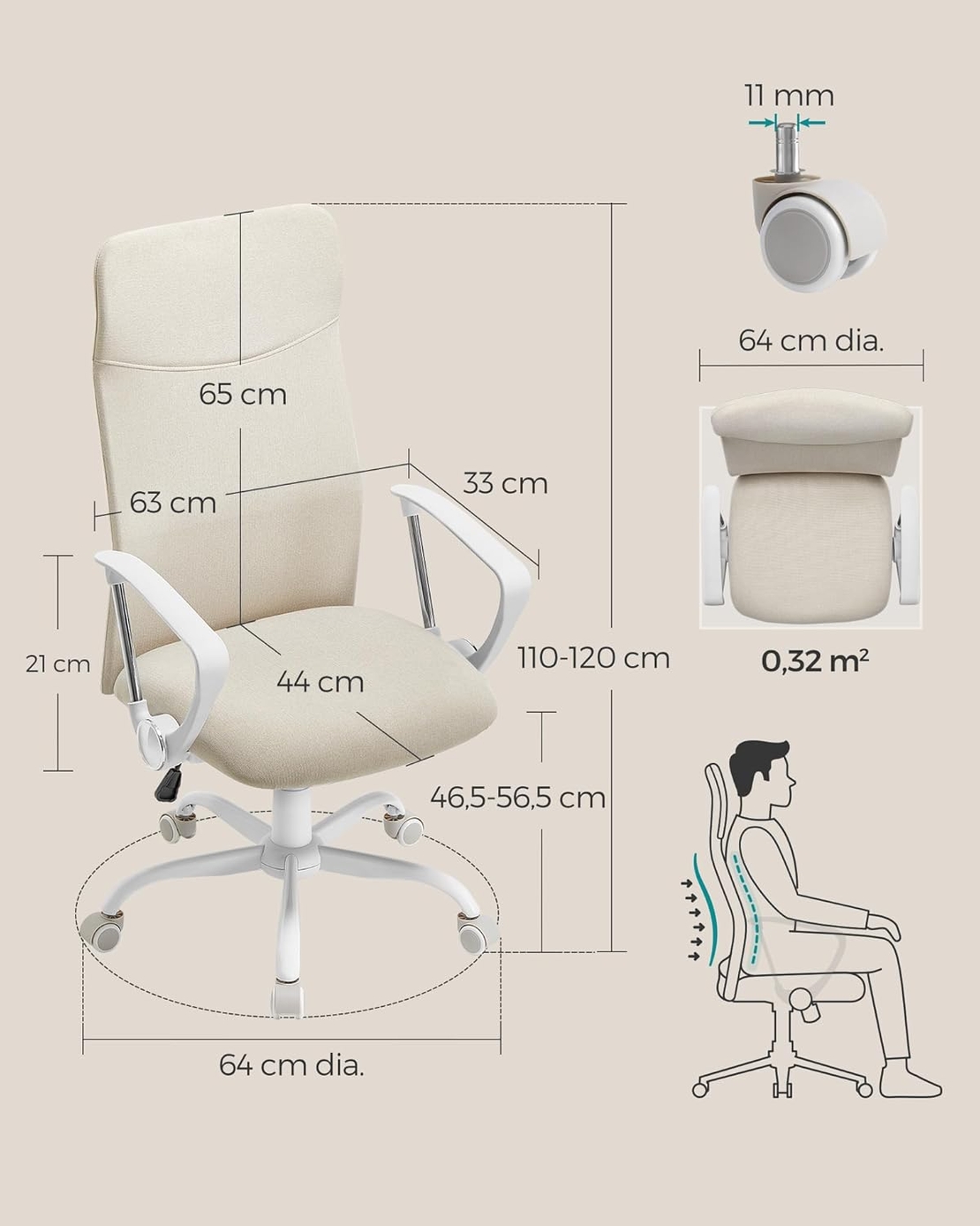 SONGMICS Scaun de birou ergonomic, reglabil pe inaltime, functie balans, maxim 120 kg, 64x64x120 cm, bej