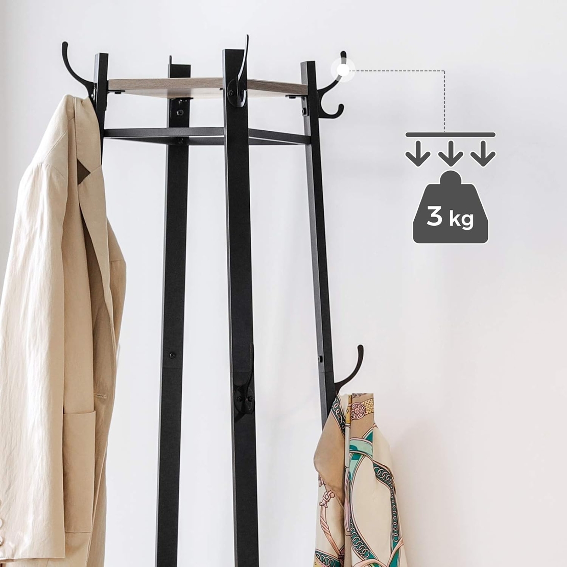 VASAGLE Cuier de haine cu 3 rafturi, suport cu carlige, din otel, 43x43x180 cm, stil industrial, gri si negru
