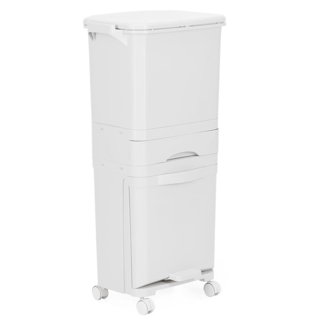 Cos de gunoi pentru colectare selectiva cu 3 compartimente, pe roti, 42 L, alb