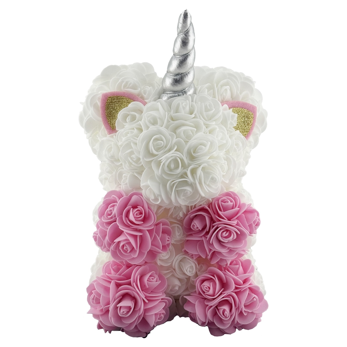 Unicorn din Flori, Flippy, Unicorn din Trandafiri de Spuma, Unicornul 17 x 17 x 23 cm / Cutia Trasparenta 19 x 19 x 28 cm, Roz/Alb