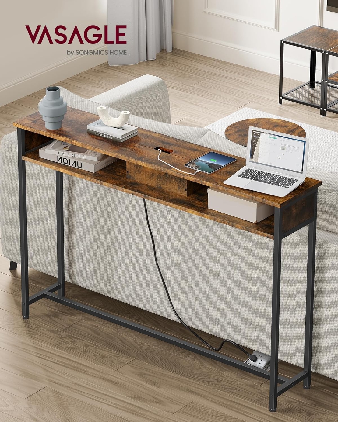VASAGLE Masa tip consola ingusta, cu 2 prize si 2 porturi USB incorporate, 120x25x81 cm, maro rustic