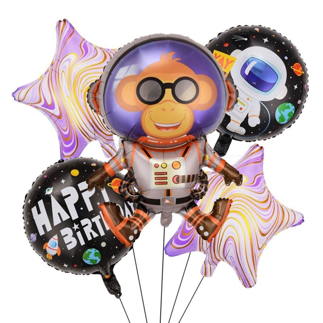 Baloane Model Maimutica Spatiala, Flippy, Set din 5 baloane, 1 Maimutica Astronaut, 2 Stele, 2 Rotunde, din folie de aluminiu, Adeziv si pai incluse, 78x45cm, Multicolor