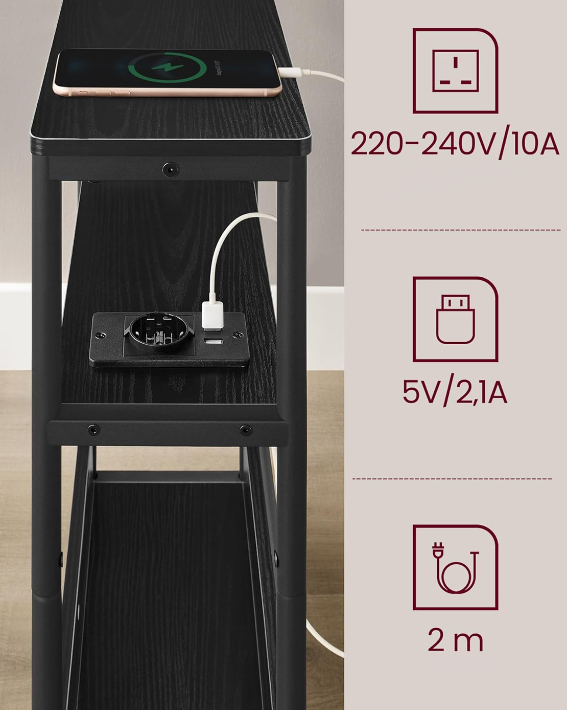 VASAGLE Masuta ingusta cu priza si porturi de incarcare USB, 3 rafturi, 45x18x58 cm, negru