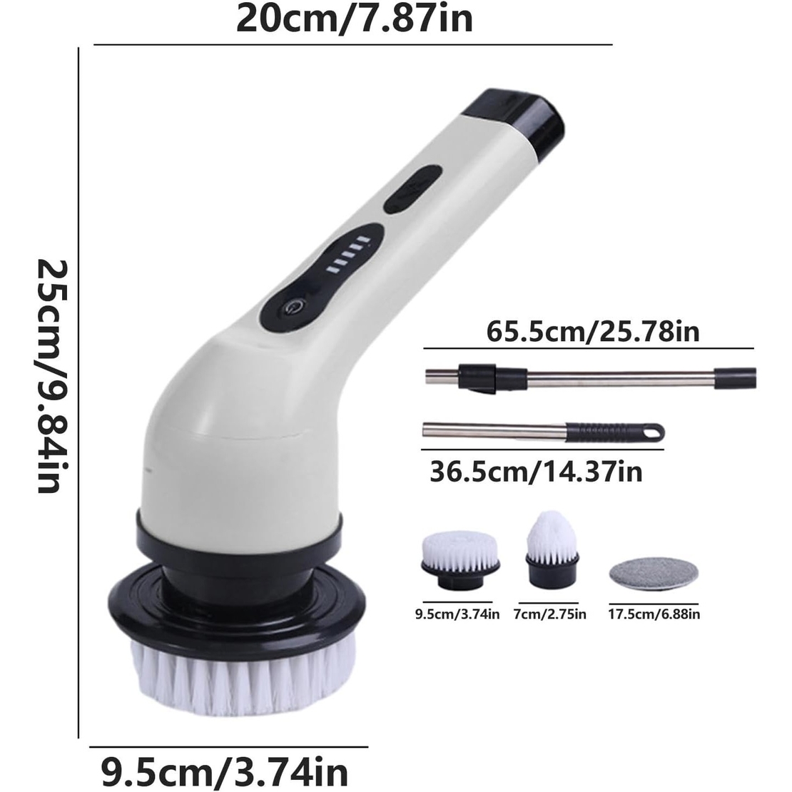 Perie Electrica de Curatare, Flippy, pentru Gresie, Baie, Bucatarie, 25x20x9.5 cm, cu 9 Capete, Maner Extensibil Detasabil 84-127cm, Incarcare USB-Type C, Rotire 360 de Grade, 3000 mAh, Culoare: Alb