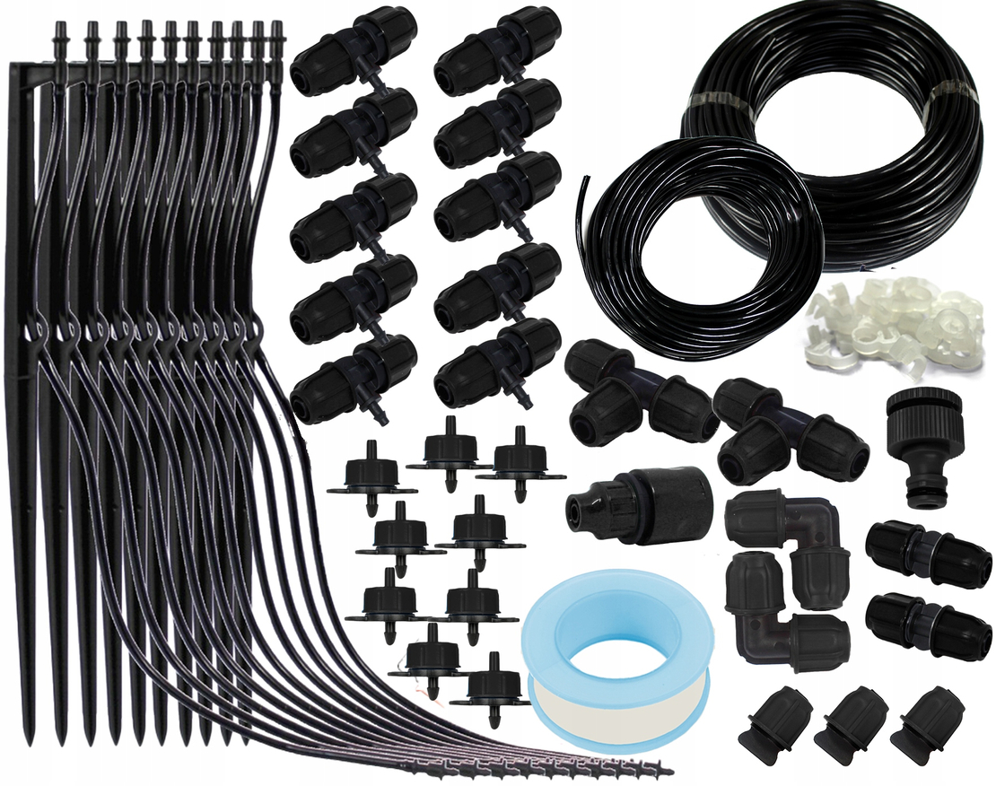 Set irigare gradina cu furtun PVC si picuratori, furtun 2 x 10 metri, 10 picuratori stick cu tub, negru