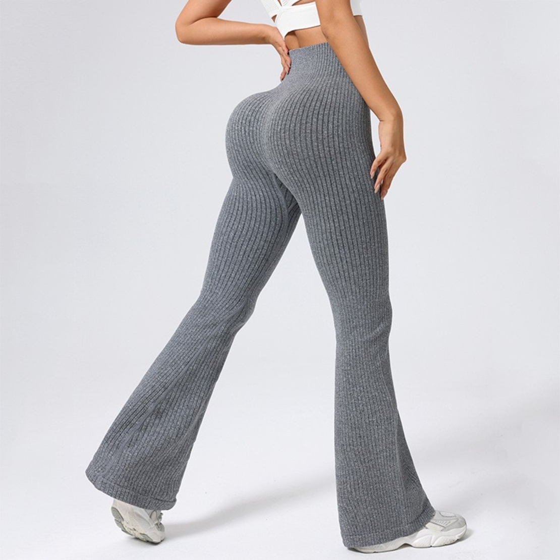 Pantaloni Sport de Dama, Flippy, pentru Yoga, Talie Inalta, Evazati, Tricotati, Gri Deschis, Marime XS
