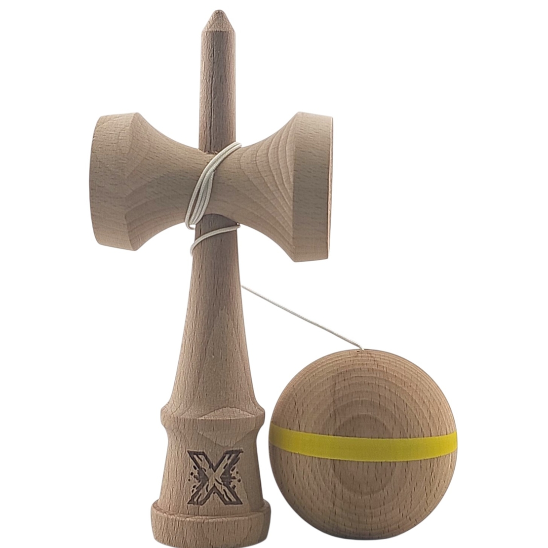 Kendama X Originală, Profesională, Flippy, din Lemn, 18 cm, Model cu Dunga, Galben