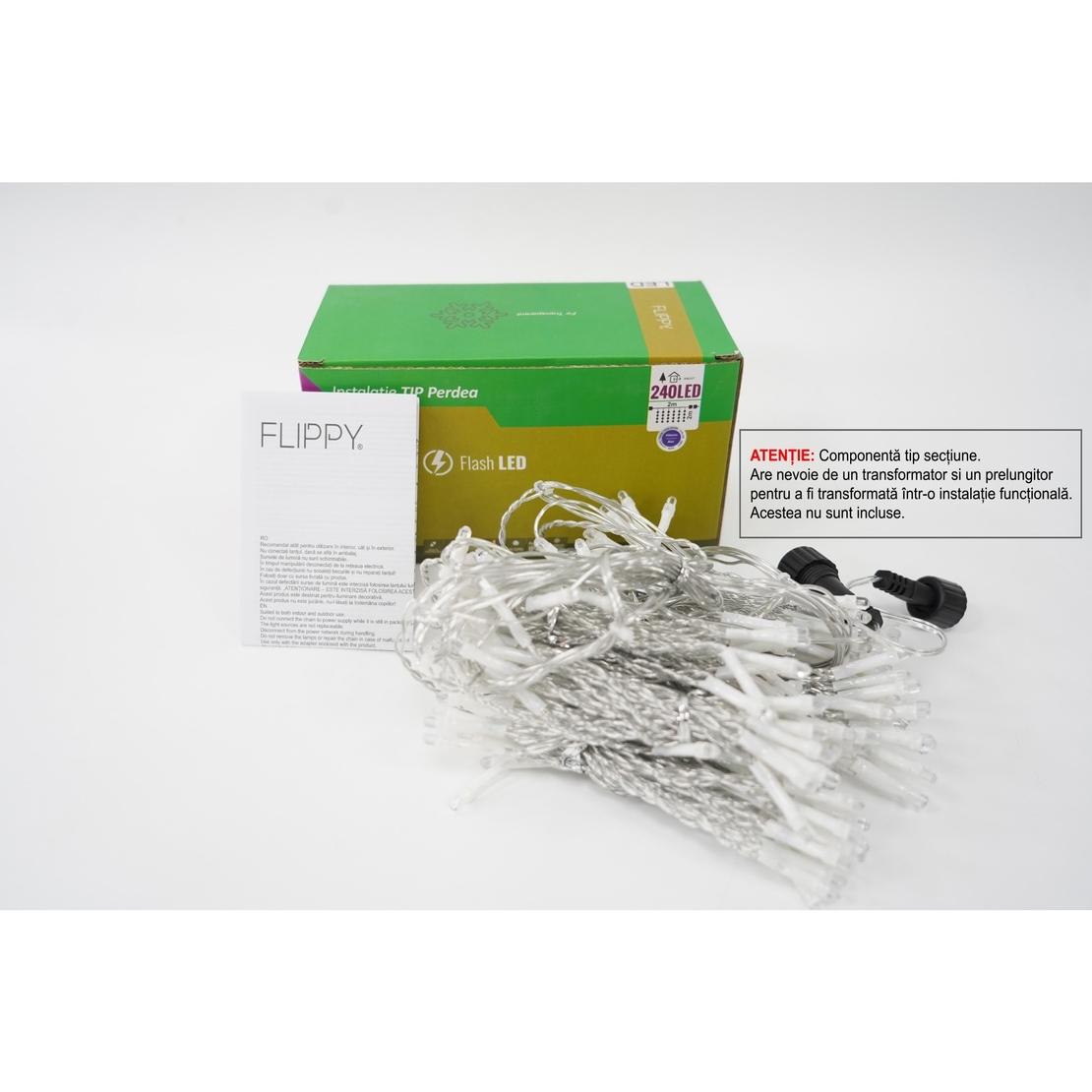 Sectiune Instalatie de Craciun Vafy Tip Perdea, cu Flash, 2 m x 2 m, 240 LED-uri, Interconectabila, Fir Transparent, Albastru