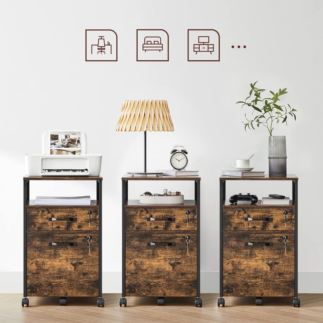 VASAGLE Dulap mobil 42x44x69 cm, cu 2 sertare si roti cu frana, compartiment deschis si suport dosare, PAL si otel, maro rustic si negru