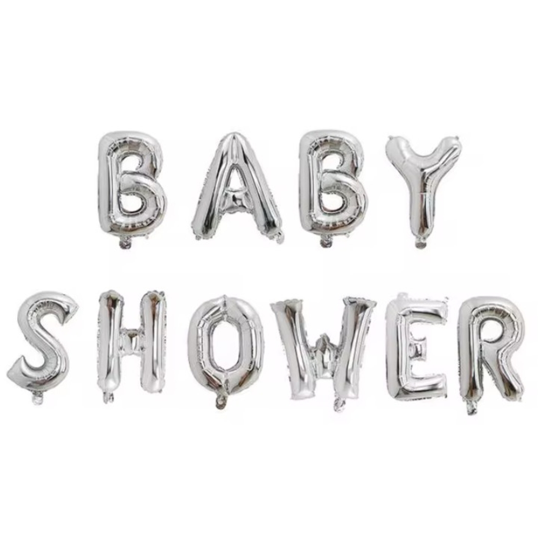Set Baloane din Folie Metalizata, Flippy, Model Baby Shower, Litere de 40 cm, Baloane Party, Ambalaj Individual, Pai, Ata si Adeziv Incluse, Umflare cu Aer sau Heliu, Argintiu