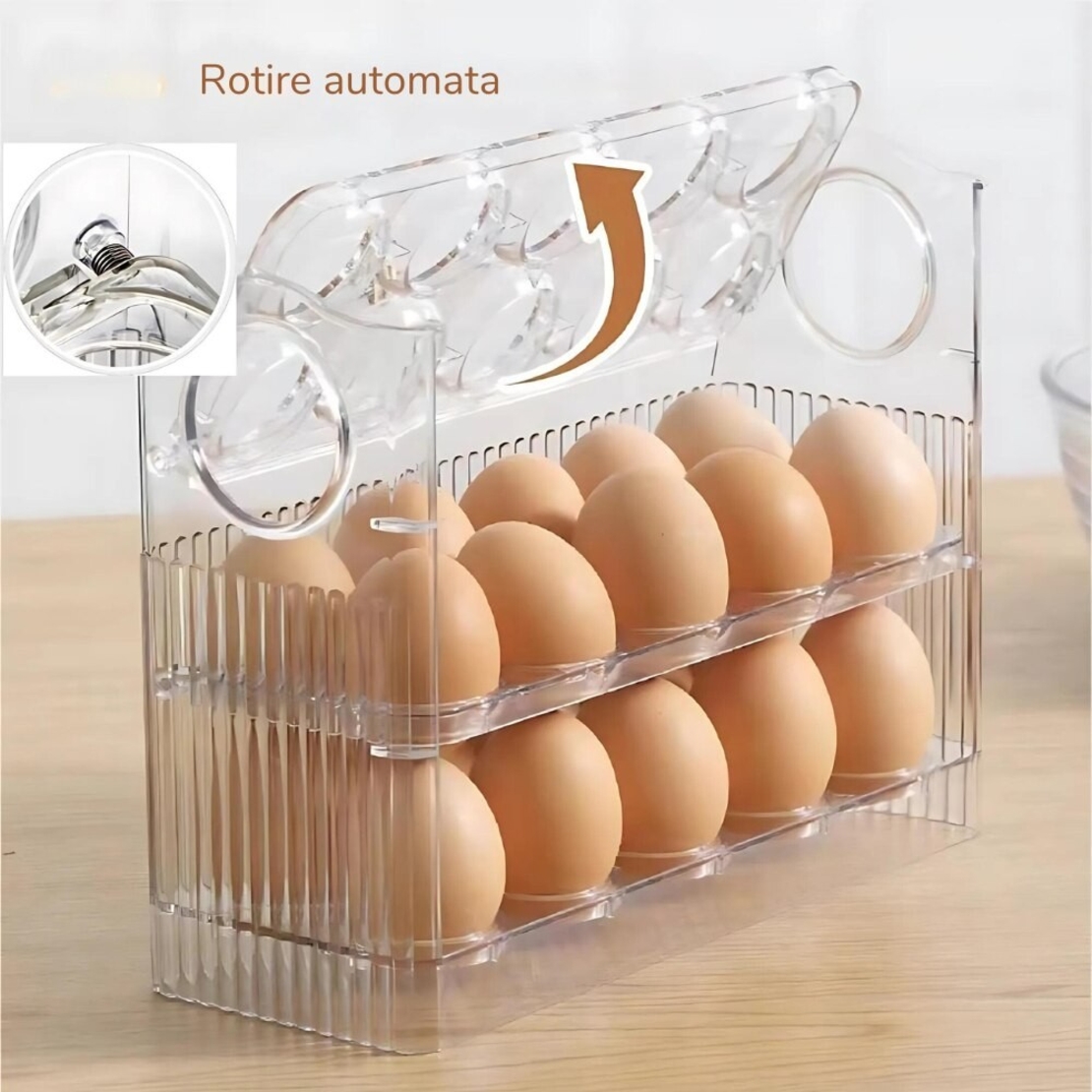 Suport Organizator pentru Oua, Vafy, Capacitate 30 Oua, Pentru Usa Frigiderului, 3 Straturi, din Plastic, Transparent
