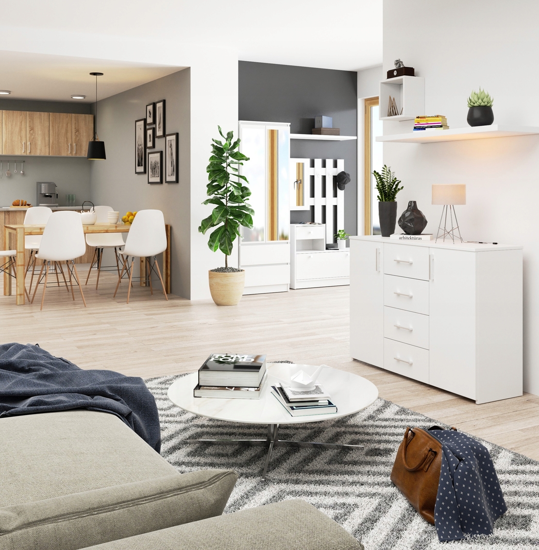 Comoda cu 4 sertare si 2 usi, PAL laminat, 110x35x80 cm, alb mat