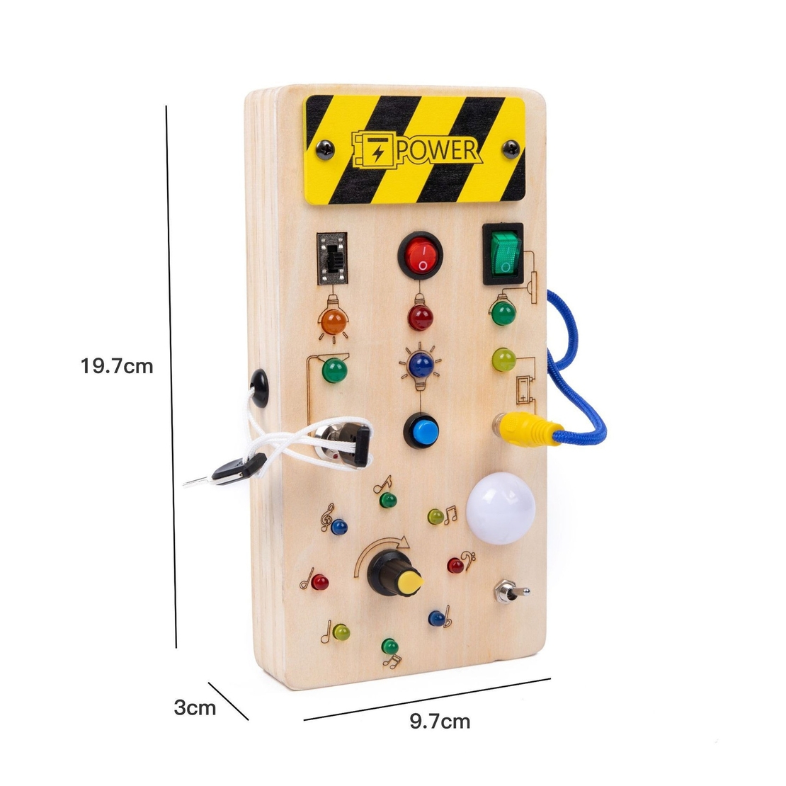 Jucarie Educativa Montessori pentru Copii, Flippy, Model Busy Board, Tableta din Lemn cu Circuit Luminos, 36 Comutatoare, Lumini LED, 19,5 x 9,7 x 3
