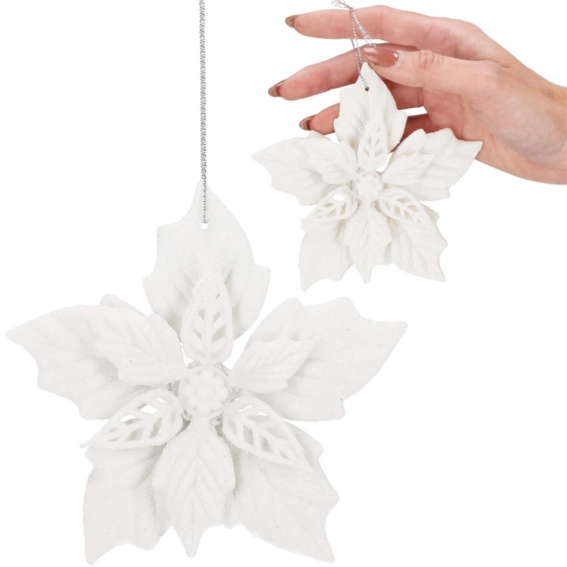 Set 10 flori de Craciun 12 cm, ornamente cu sclipici, plastic, alb