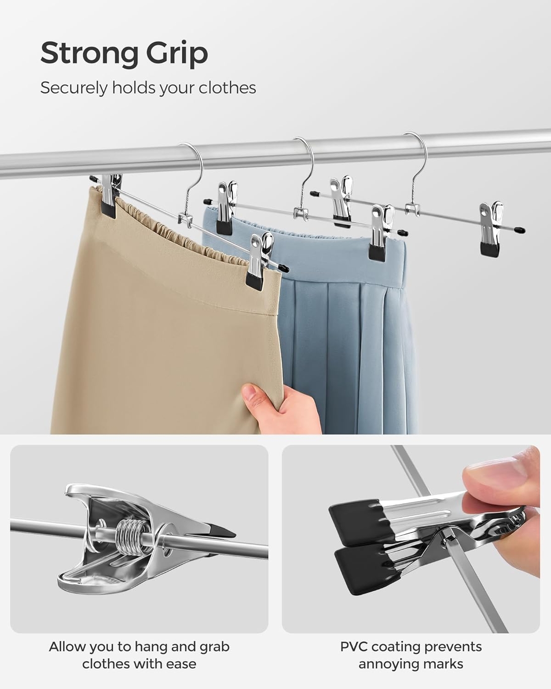 SONGMICS Set de 20 de umerase pantaloni din metal, cu cleme reglabile, carlige rotative 360°, 31 cm, argintiu