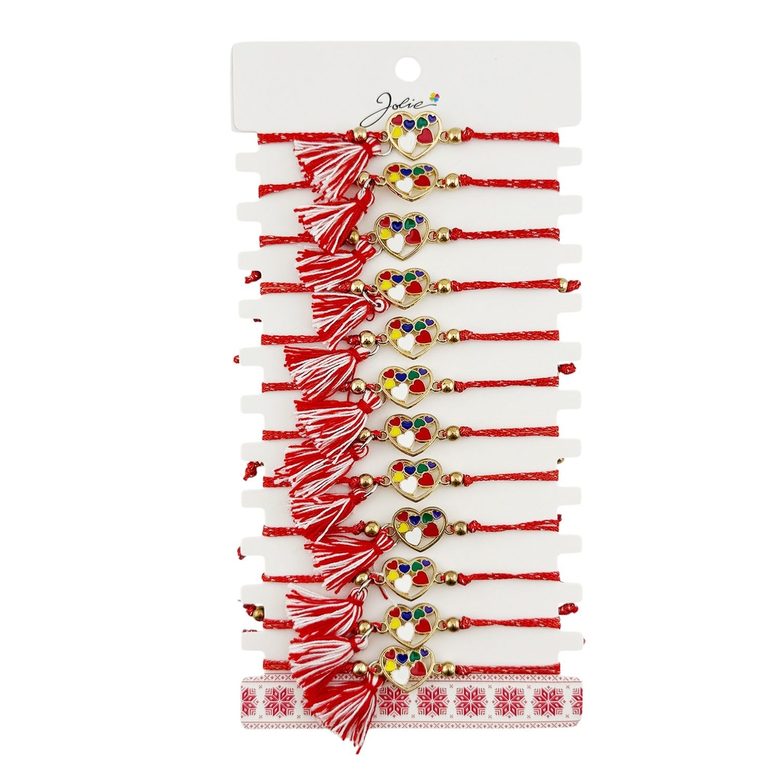 Martisor Bratara cu Ciucure pentru Dama, Jolie, Model Inimi Colorate, Set 12 bucati, Pandativ din Inox, Snur Reglabil, Rosu/Alb