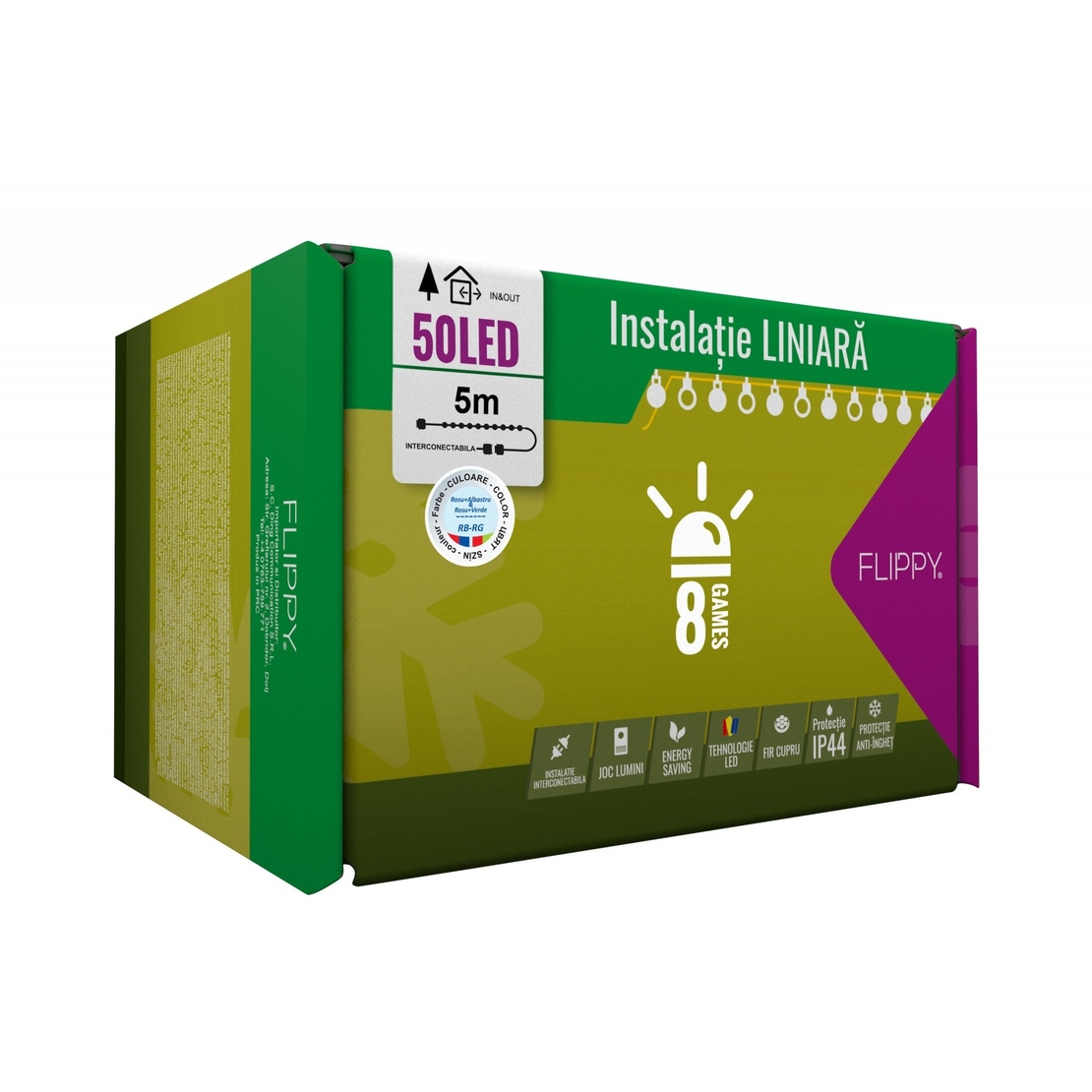 Instalatie Craciun, 5 m, 50 Led-uri ,Liniara, Rosu/Albastru/Rosu/Verde, Flash, Transformator cu telecomanda, Interconectabila, Prelungitor 3 m inclus, Fir Verde, Vafy