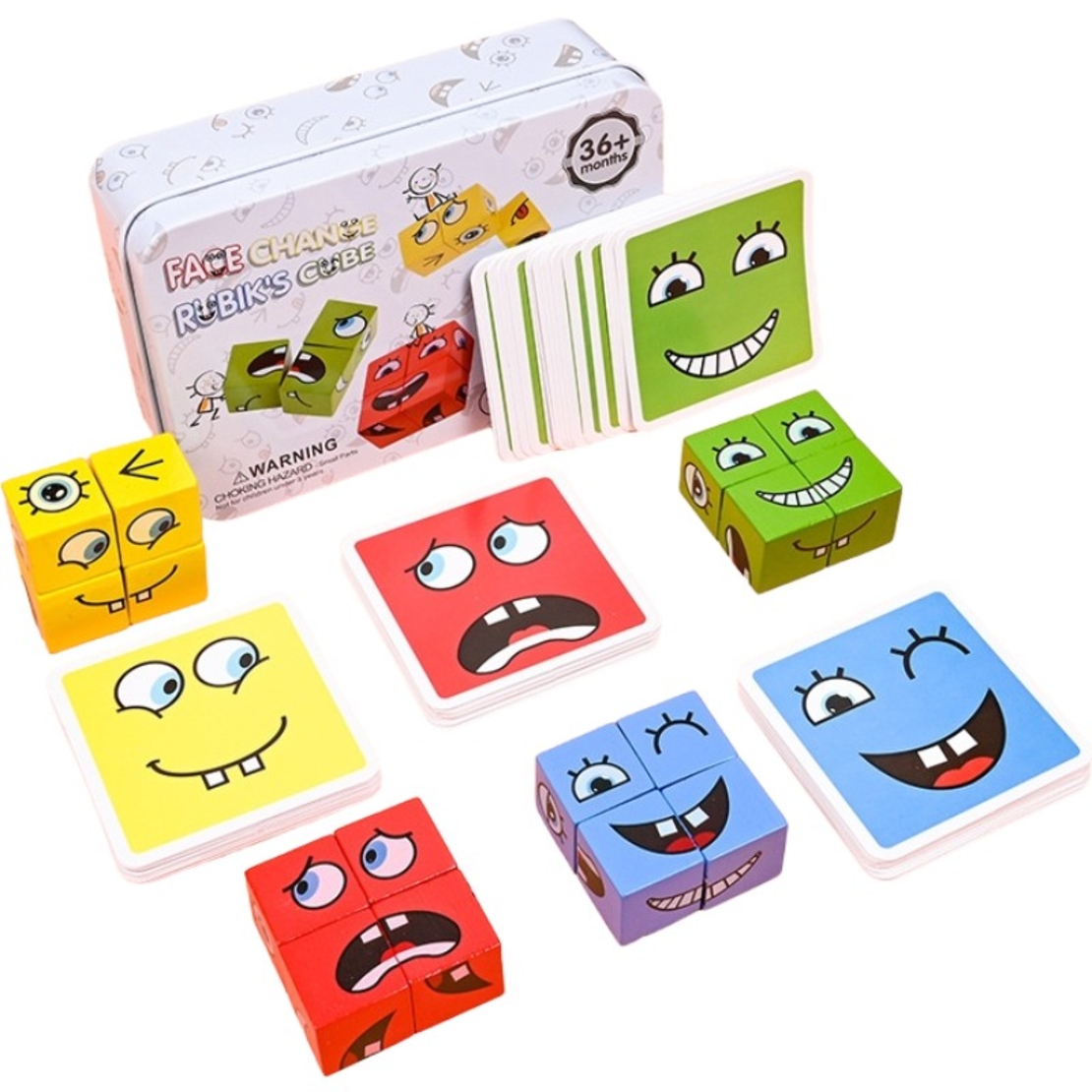 Jucarie Pentru Copii Montessori Flippy, Cub din Lemn, Asamblare Fete, 64 de Carti Distractive, pentru Baieti si Fete, Varsta +3 ani, Educativ, Cutie